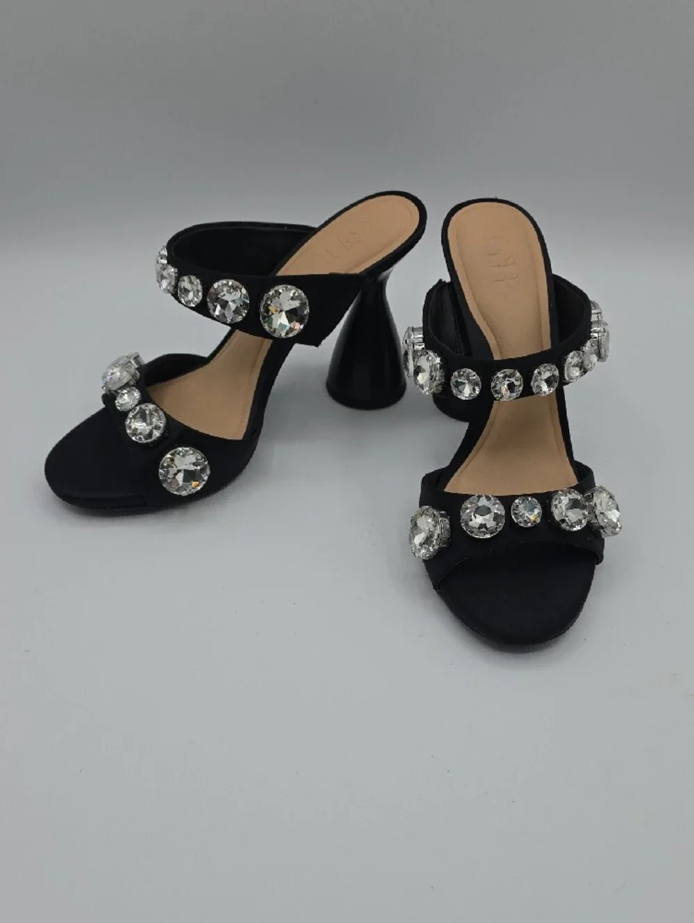 Gianni Bini Black Crystal-Embellished Two-Strap Block Heels